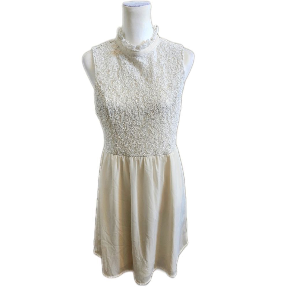 Altar'd State Cream High-Neck Sleeveless Babydoll Layered Lace Dress, M
